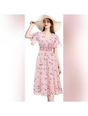 NWOT Gardenwed V Neck Chiffon Floral Summer Midi Elastic Waist Dress, 2XL
